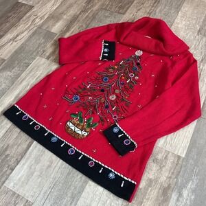 Vintage B.P. Design Christmas Tree Sweater Large Red Beaded Cowl Neck Tunic